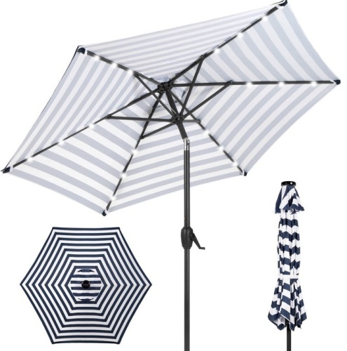 Outdoor Solar Patio Umbrella w/ Push Button Tilt, Crank Lift - 7.5ft, Navy Stripe, Appears New - Lot 382