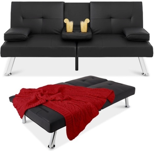 Faux Leather Upholstered Convertible Sofa Bed Futon w/ 2 Cupholders, Black, Appears New - Lot 236
