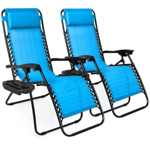 Set of 2 Adjustable Zero Gravity Patio Chair Recliners w/ Cup Holders, Aqua Blue, Appears New/Damaged Box - Lot 221