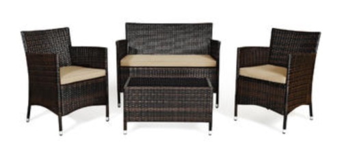 Costway 4PCS Rattan Patio Furniture Set Sofa Chair Coffee Table w/Cushion Outdoor, Appears New - Lot 252