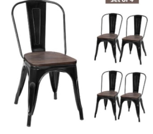 Set of 4 Tolix Style Metal Dining Side Chair Wood Seat Stackable Bistro Cafe, Appears New/Damaged Box - Lot 128
