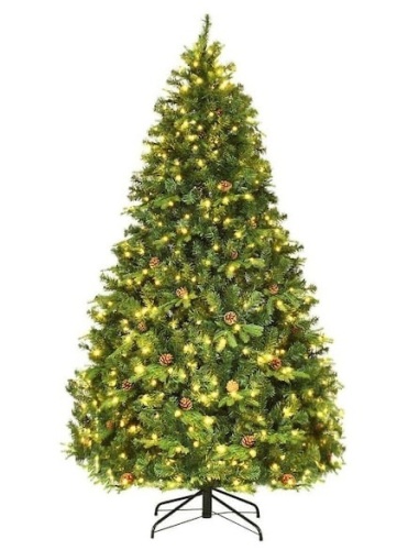 7 ft. Pre-Lit Artificial Christmas Tree Hinged with 460 LED Lights and Pine Cones, Appears New/Damaged Box - Lot 379