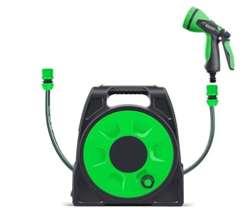 Lightweight Enhanced Flexible Garden Hose 3 Layers Latex Core, 55 ft, Expandable, 9 Function Spray Nozzle，Reel, Appears New - Lot 385