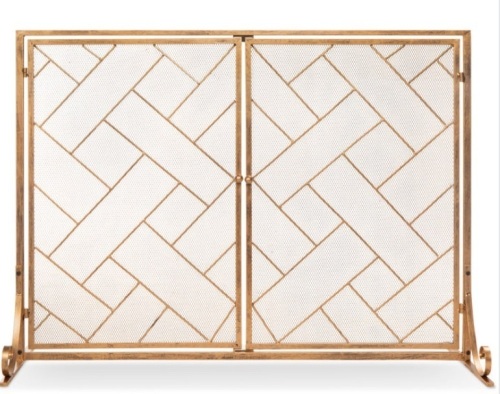 2-Panel Wrought Iron Geometric Fireplace Screen w/ Magnetic Doors - 44x33in, Gold, Appears New/Damaged Box - Lot 340