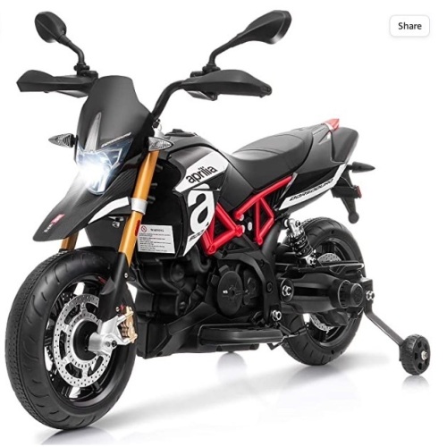 2V Aprilia Licensed Battery Powered Ride on Motorcycle w/Training Wheels, Appears New, Untested - Lot 438