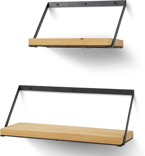 Floating Natural Pine Finish Wooden Shelves, Set of 2 - Lot 168