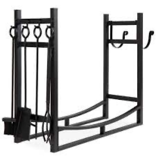 Steel Firewood Log Storage Rack & Tool Set w/ Kindling Holder - 34.25in - Lot 4135