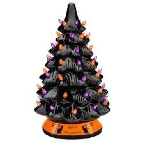 Ceramic Halloween Tabletop Tree w/ Orange & Purple Bulb Lights - 15in - Lot 4247
