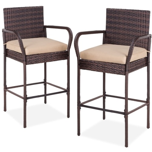 Set of 2 Indoor Outdoor Wicker Bar Stools w/ Cushion, Footrests, Armrests - Lot 75