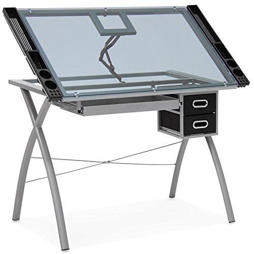 Modern Adjustable Drafting Table w/Drawers, Glass Top, and Removable Side Trays - Silver - Lot 381