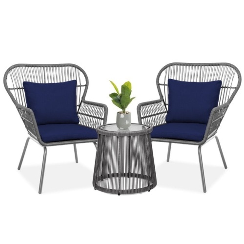 3-Piece Patio Wicker Conversation Bistro Set w/ 2 Chairs, Glass Top Table - Lot 716