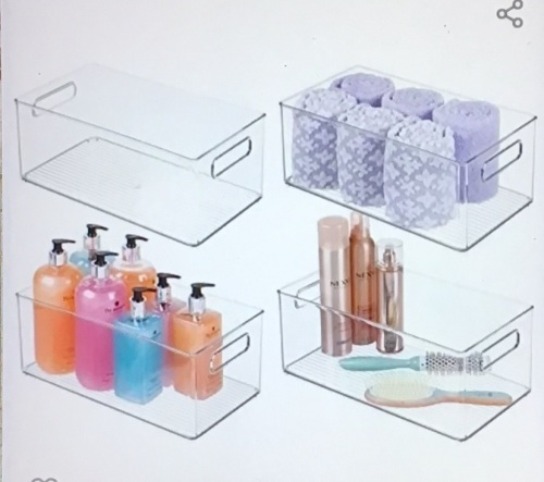 mDesign Deep Plastic Storage Organizer Container Bin, Bathand Shower Organization for Cabinet, Cupboard, Shelves,Counter, or Closet - Holds Shampoo, Vitamins, Hair andBeauty Supplies, 4 Pack, Clear, Like New, retail - $55.99 - Lot 79
