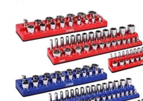 ARES 60058 - 5-Pack Set Metric and SAE Magnetic Socket Organizers -Blue andRed -1/4 in, 3/8 in, 1/2 in Socket Holder- Standard (Shallow) and Deep Sockets -Organize Your Tool Box, Like New, Retail - $112 - Lot 81