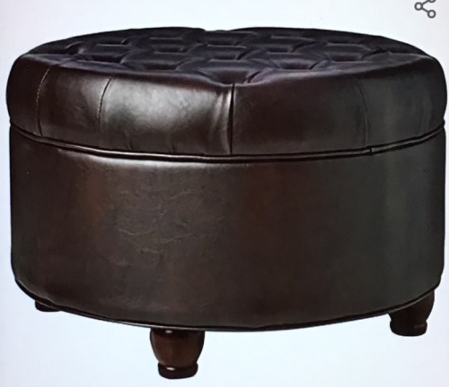 Homepop Home Decor | Large Button Tufted Faux LeatherRound Storage Ottoman | Ottoman with Storage for LivingRoom & Bedroom (Distressed Brown), Like New, Retail - $142.49 - Lot 103