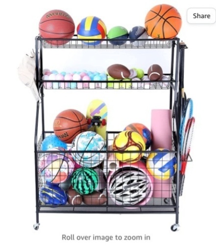 Lhysn Garage Sports Equipment Organizer,Ball Storage Rack, GarageOrganizer with Baskets and Hooks, Sports Gear Storage,GarageBall Storage, Black, Like New, Retail - $106.99 - Lot 110