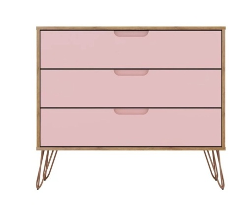 Manhattan Comfort Rockefeller Mid- Century- Modern Dresser with 3. Drawers in Nature and Rose Pink, Like New, Retail - $202 - Lot 122