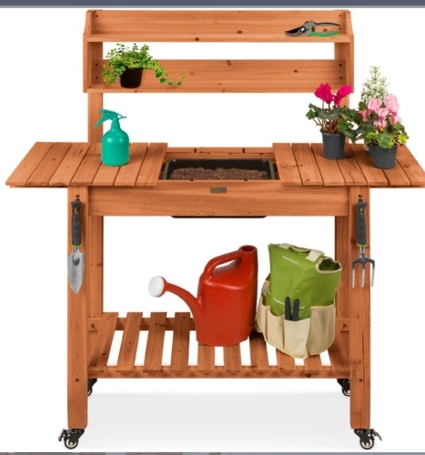 Pre-Stained Wood Garden Potting Bench w/ Sliding Tabletop, Dry Sink, Wheels, Like New, Retail - $169.99 - Lot 138
