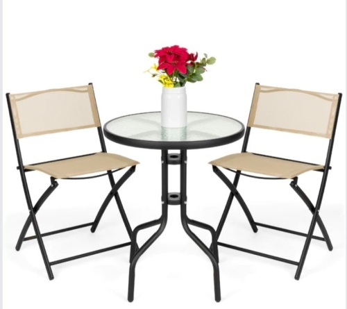 3-Piece Bistro Set w/ Glass Table, 2 Foldable Chairs, Like New, Retail - $89.99 - Lot 164