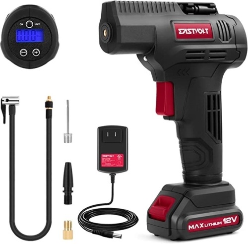 Eastvolt 12V Tire Inflator Air Compressor, Multi-Purpose Electric Power, Max 150PSI with 4-Unit Measurement Gauge, 3 Nozzles, Fast Charger and 1.5 AhRechargeable Battery, Used, Retail - $54.99 - Lot 176