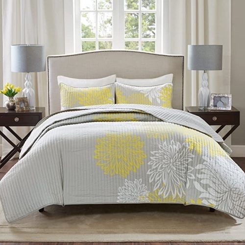 Comfort Spaces Enya 3 Piece Quilt Coverlet Bedspread Ultra Soft Floral PrintedPattern Bedding Set, King, Yellow- Grey, CS14-0062, Like New, Retail - $46.18 - Lot 177