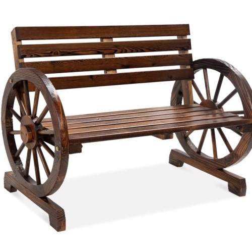 2-Person Rustic Wooden Wagon Wheel Bench w/ Slatted Seat and Backrest, Like New, Retail - $119.99 - Lot 223