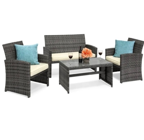 4-Piece Outdoor Wicker Conversation Patio Set w/ 4 Seats, Glass TableTOP, Like New, Retail - $299.99 - Lot 235