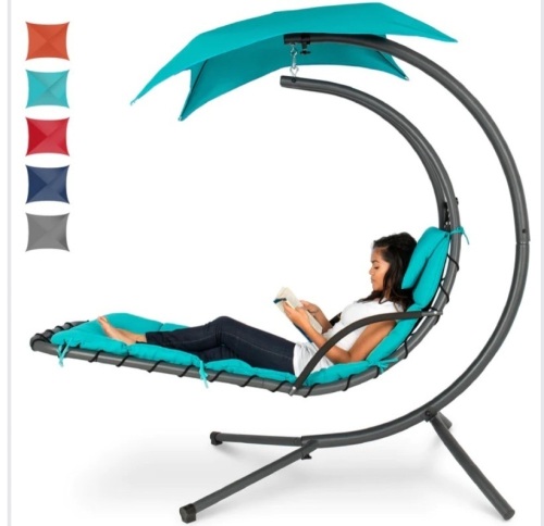 Hanging Curved Chaise Lounge Chair w/ Built- In Pillow, Removable Canopy, Like New Retail - $199.99 - Lot 304