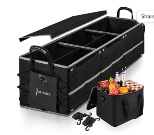 Collapsible Trunk Organizer for Car with Insulated Leak proof Cooler Bag, 3Compartments SUV Cargo Organizer Removable Dividers, 5in1 Car Storage Organizer with Foldable Lid,2 Tie- Down Straps(Black), Like New, Retail - $48.99 - Lot 332