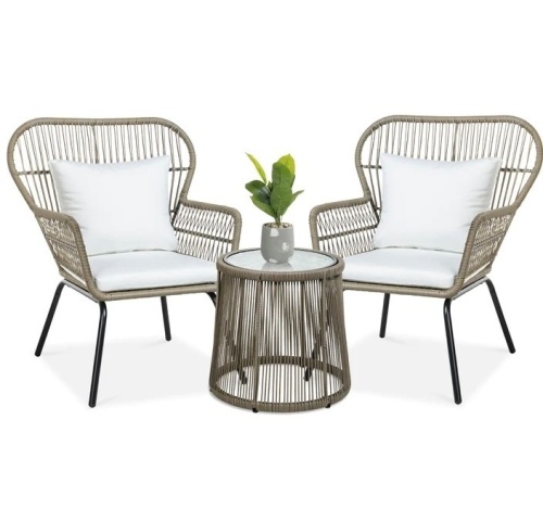 3-Piece Patio Wicker Conversation Bistro Set w/ 2 Chairs, Glass TopTable, Like New, retail - $349.99 - Lot 337