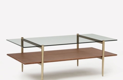 Mid-Century Art Display 46" Coffee Table, Dark Walnut, Glass, Antique Brass, Like New, Retail - $499 - Lot 344