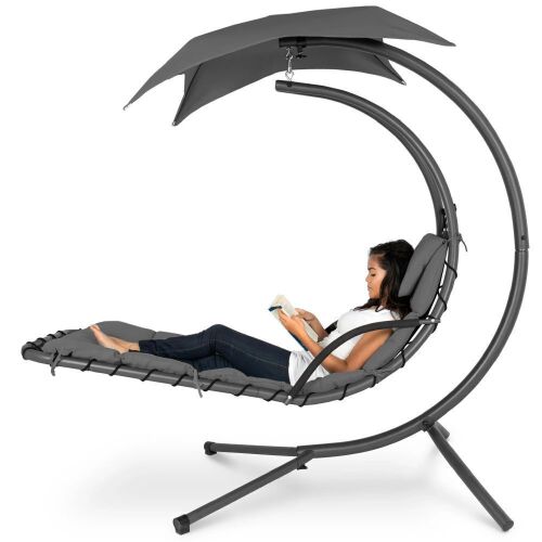 Hanging Curved Chaise Lounge Chair w/ Built-In Pillow, Removable Canopy - Lot 86