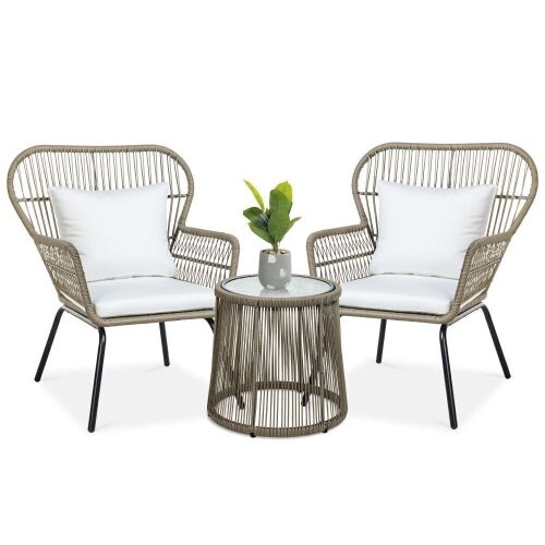3-Piece Patio Wicker Conversation Bistro Set w/ 2 Chairs, Glass Top Table - Lot 112