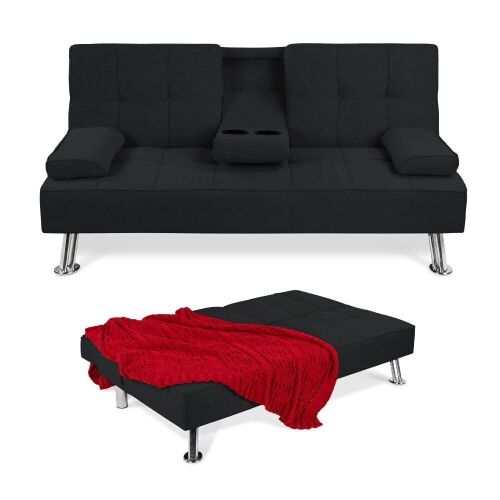 Linen Upholstered Convertible Sofa Bed Futon w/ 2 Cupholders - Lot 115
