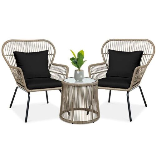 3-Piece Patio Wicker Conversation Bistro Set w/ 2 Chairs, Glass Top Table  - Lot 478