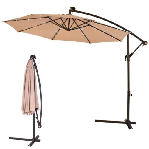 10" Patio Hanging Solar Led Umbrella Sun Shade With Cross Base, Beige - Lot 516