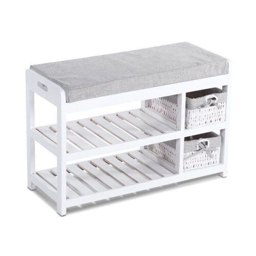 Simple Wooden Natural 2-layered Shoe Bench with Storage Baskets - Lot 536
