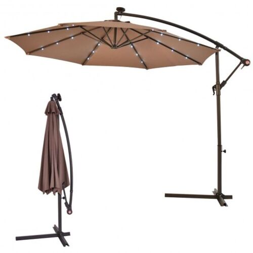 10" Patio Hanging Solar LED Umbrella Sun Shade with Cross Base, Tan - Lot 572