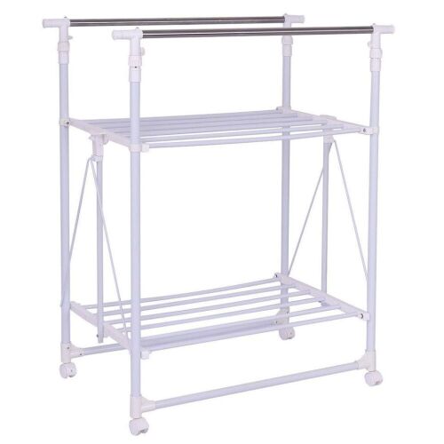 Folding Adjustable Rolling Clothes Rack Hanger with 2 Shelves - Lot 624