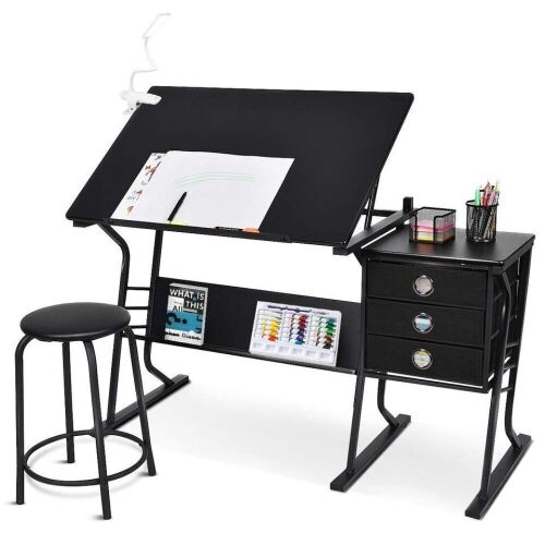Black Adjustable Drafting Table w/ Stool & Side Drawers  - Lot 672