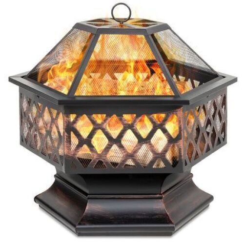 Hex-Shaped Outdoor Fire Pit w/ Flame-Retardant Lid - 24in - Lot 410