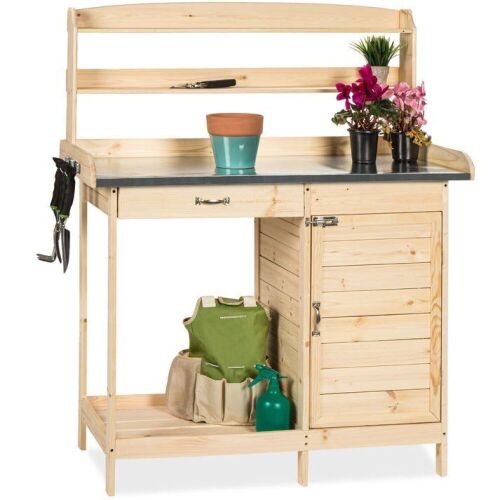 Garden Wooden Potting Bench w/ Metal Table Top - Natural - Lot 800