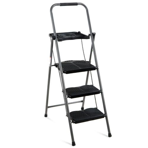 3-Step Folding Steel Ladder w/ Utility Tray, Hand Grip, 330lb Capacity - Lot 813