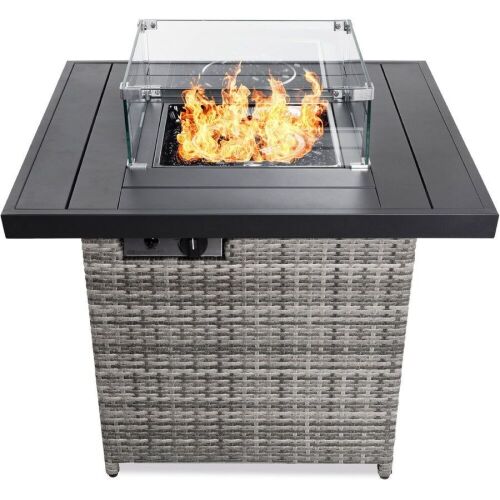 32in Fire Pit Table 50,000 BTU Wicker Propane w/ Wind Guard, Cover  - Lot 80