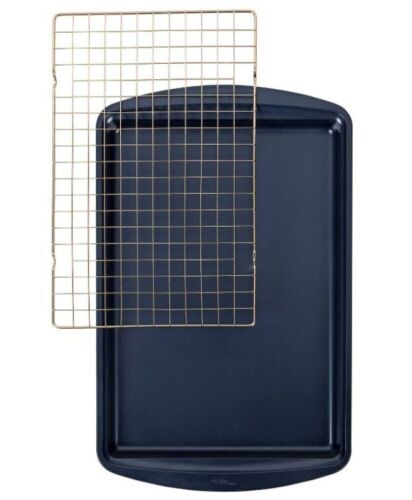 Lot of (2) Wilton 2pc Diamond-Infused Non-Stick Large Cookie Sheet with Cooling Rack Navy Blue/Gold - Lot 643