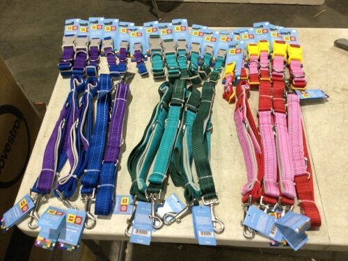 Lot of (2) Cases of Lego Color Block Dog (12) Leashes & (18) Collars - Multiple Sizes - Lot 919