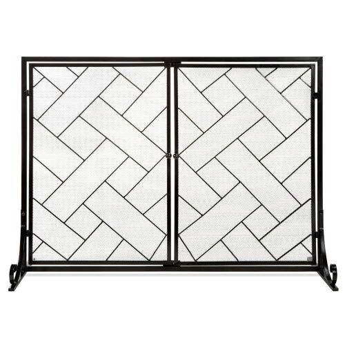 2-Panel Wrought Iron Geometric Fireplace Screen w/ Magnetic Doors - 44x33in - Lot 467