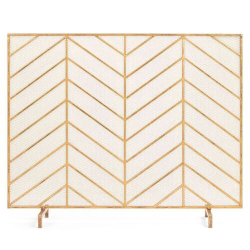 Single Panel Iron Chevron Fireplace Screen w/ Antique Finish - 38x31in - Lot 332
