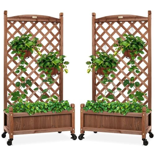 Set of 2 Wood Planter Box & Lattice Trellis w/ Optional Wheels - 48in - Lot 266