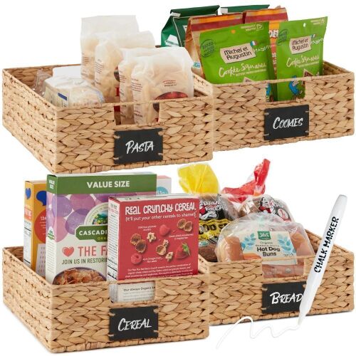 Set of 4 Water Hyacinth Pantry Baskets w/ Chalkboard, Chalk Marker - Lot 1101