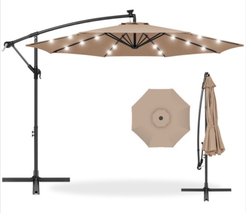 Solar LED Offset Hanging Patio Umbrella w/ Crank Tilt Adjustment - 10ft, Tan, E-Commerce Return/Damaged Box - Lot 125